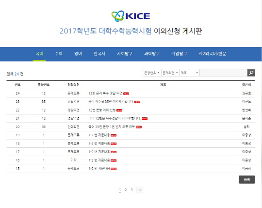 한국교육과정평가원 이의신청 게시판에 올라온 국어 관련 이의신청. 사진=한국교육과정평가원 홈페이지 캡쳐